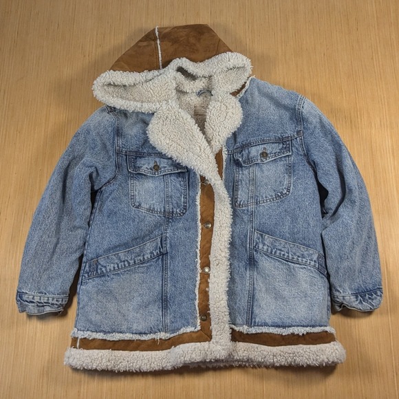 Free People We The Free Magnolia Denim Sherpa Hooded Jacket Coat Women's Large - Picture 1 of 7
